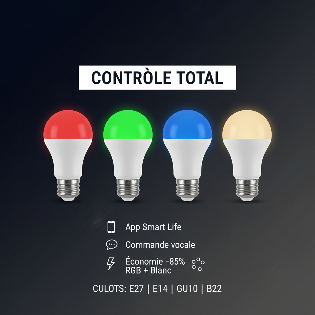 Contrôle total - App Smart Life - Commande vocale - Économie d'énergie - Culots E27 E14 GU10 B22