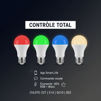 Contrôle total - App Smart Life - Commande vocale - Économie d'énergie - Culots E27 E14 GU10 B22