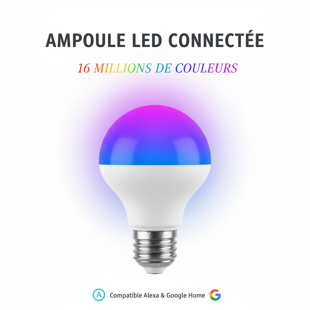 Ampoule LED Connectée RGB WiFi - 16 millions de couleurs - Compatible Alexa et Google Home