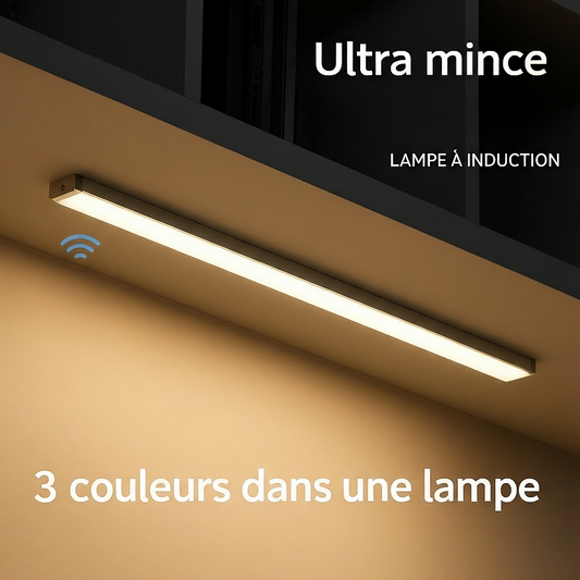 Lampe LED ultra-fine éclairant le dessous d’un meuble de cuisine.