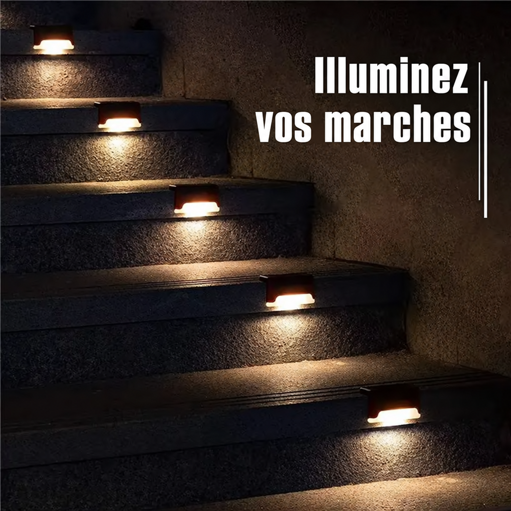Lampes solaires LED éclairant les marches d’un escalier extérieur la nuit